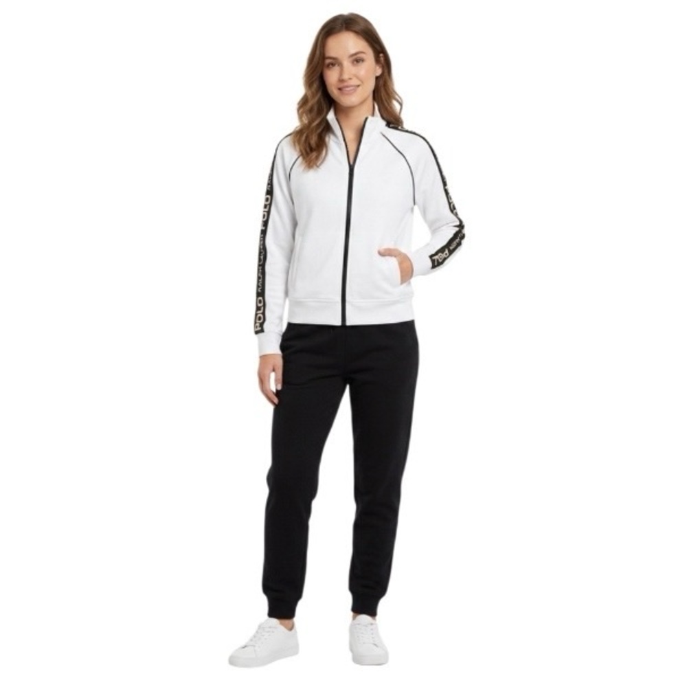 POLO RALPH LAUREN White Track Jacket Black Racing Strip Zip Up Size Large
